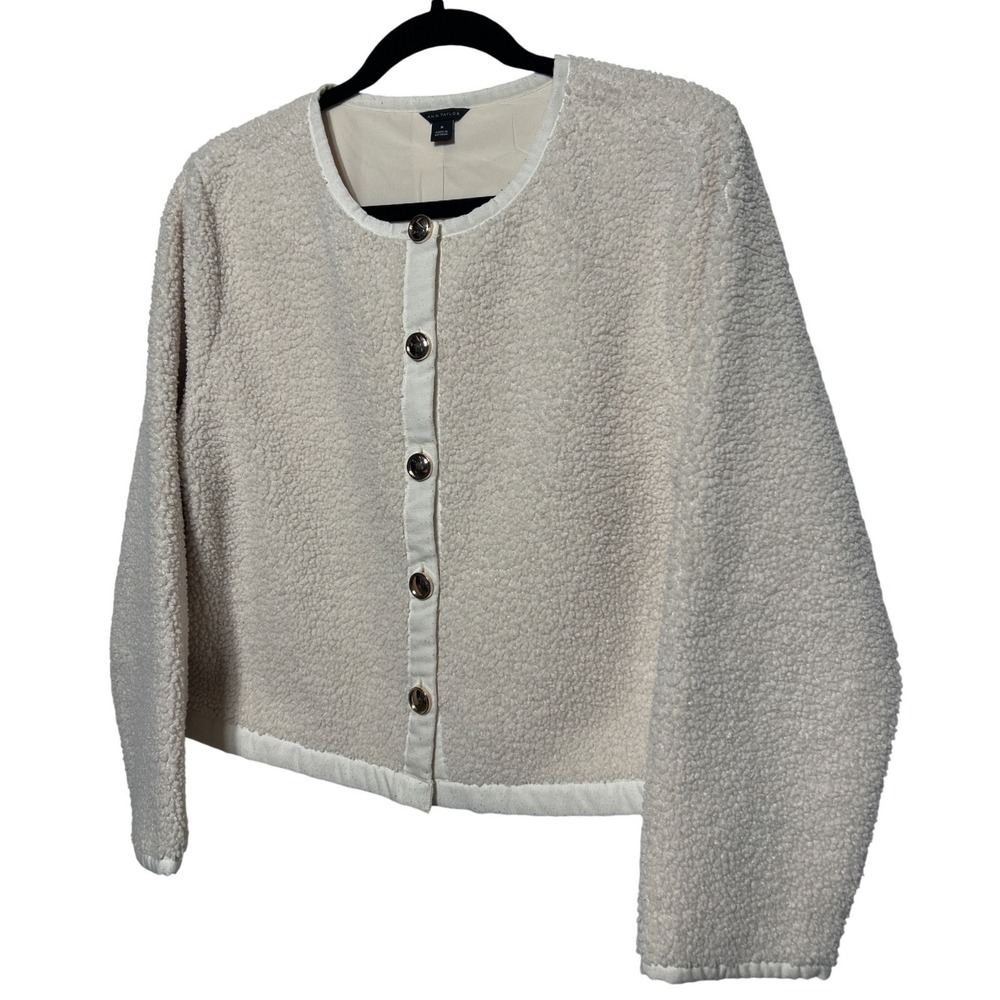Ann Taylor Cream Teddyβ Fleece Button Front Cardigan Jacket Women's Size Medium